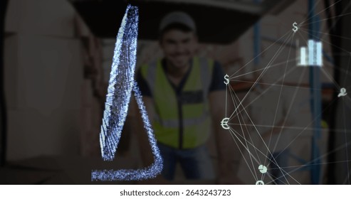 Smiling worker wearing safety vest and cap viewing hologram at warehouse, with currency network. Industrial, logistics, technology, data, analytics, inventory, supply chain