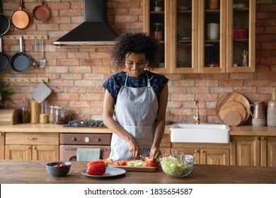 Smiling Young African American Woman Prepare Healthy Delicious Diet Dish At Home Kitchen. Happy Millennial Biracial Housewife Cook Tasty Vegan Salad For Dinner Lunch. Healthy Lifestyle Concept.