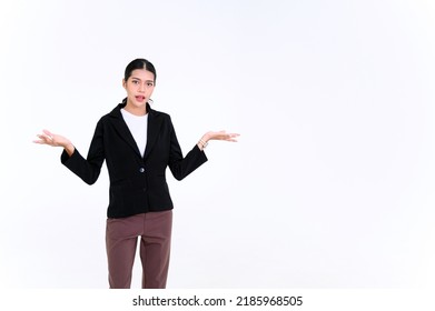 Smiling young Asian businesswoman presenting something, looking at the camera isolate on white background. making video call, recording webinars, online course