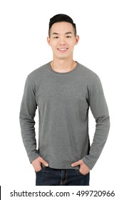 Smiling Young Asian Man In Gray Long Sleeve T-shirt, On White Background