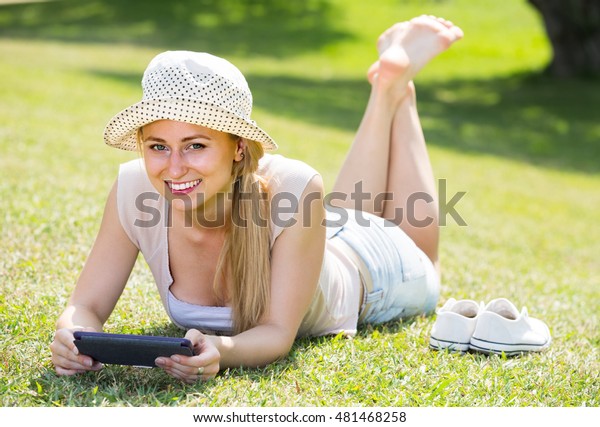 Smiling Young Barefoot Woman Lying On Stock Photo 481468258 | Shutterstock