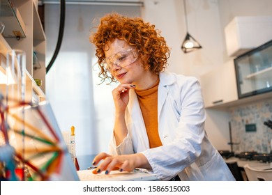 Smiling Young Biochemist Using Laptop At Her Desk In Laboratory. Young Focused Red Haired Chemist Working On Scientific Research While Using Computer In A Laboratory.