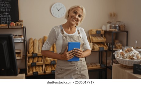 Smiling young blonde woman in a bakery holding a tablet, standing in front of shelves filled with loaves of bread and jars of treats, showcasing the indoor shop setting. - Powered by Shutterstock