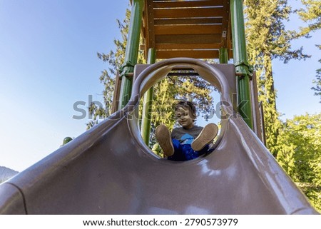 A smiling young boy rides down a playground slide at Cultus Lake in Chilliwack, BC, Canada on a sunny day.