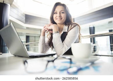 Smiling Young Business Woman Working For A Laptop In A Modern Office.