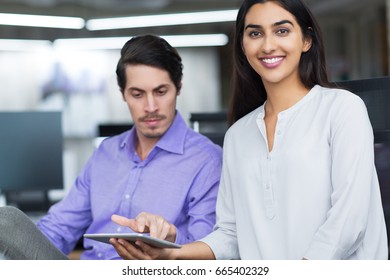 Smiling Young Businesswoman Serious Colleague Stock Photo 665402329 ...