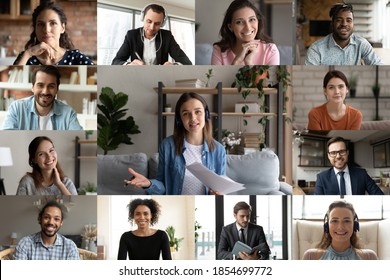 Smiling young caucasian businesswoman involved in video call conference business talk with diverse mixed race colleagues or female trainer giving educational lecture distant event to employees. - Shutterstock ID 1854699772