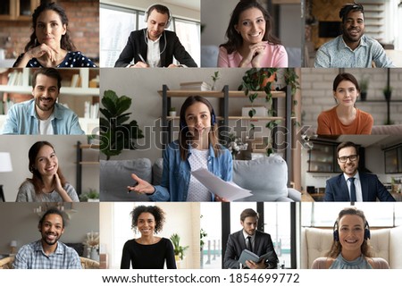 Smiling young caucasian businesswoman involved in video call conference business talk with diverse mixed race colleagues or female trainer giving educational lecture distant event to employees.