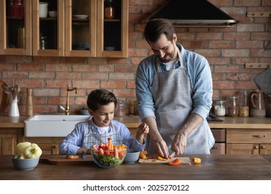 Smiling Young Caucasian Father And Small Teen Son Prepare Healthy Salad For Lunch In Kitchen Together. Happy Dad And Little Boy Child Cooking At Home Make Dinner Cut Vegetables. Diet, Vege Concept.