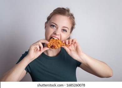 Smiling Young Caucasian Woman Girl Holding Eating Fried Chicken  Drumstick