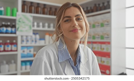 A smiling young caucasian woman pharmacist standing in a drugstore with shelves of medication and products behind her. - Powered by Shutterstock