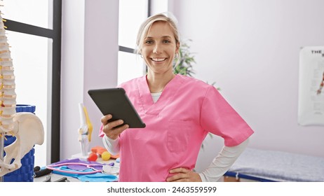 A smiling young caucasian woman in a pink scrubs holding a tablet in a bright rehab clinic room. - Powered by Shutterstock