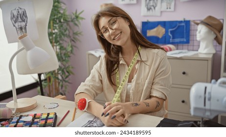 A smiling young caucasian woman tailor in a well-equipped atelier, surrounded by sewing items. - Powered by Shutterstock