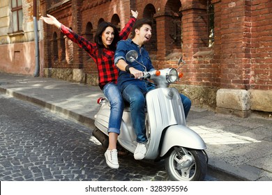 Smiling Young Couple Wearing Shirts Jeans Stock Photo 328395596 ...