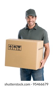 Smiling young delivery man holding and carrying a cardbox isolated on white background