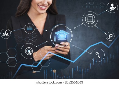 Smiling Young Educational Consultant Researching Master Degree Programs In Business Administration, Postgraduate Level. Research Of The Best Ranking University In The World. Hologram Icons