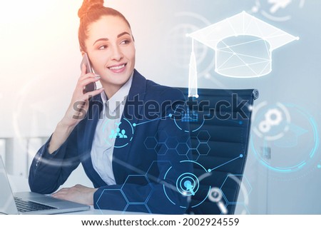 Smiling young educational consultant researching master degree programs in business administration, postgraduate level. HR specialist on conference call.