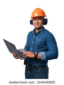 Smiling Young Engineer Holding A Notebook, Wearing A Helmet And Earmuff. On A White Background With Clipping Path And Cut Out