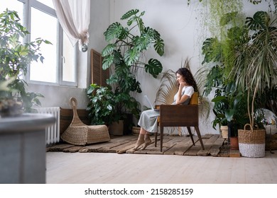 Smiling young female owner city greenhouse sitting on chair in front of window with laptop having rest, buying plants online, looking intresting serias, texting with friends. Monstera on background. - Powered by Shutterstock