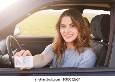 Smiling young female with pleasant appearance shows proudly her drivers license, sits in new car, being young inexperienced driver, looks with joyful expression. I get it finally! Successful woman