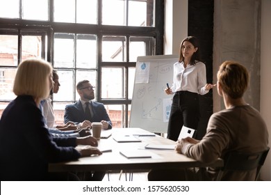 Smiling young female speaker standing near flipchart with graphs diagrams, presenting market research results to focused diverse colleagues at brainstorming meeting or educational seminar in office. - Powered by Shutterstock
