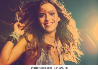 Smiling Young Girl Dancing In Night Club, Retro Colors