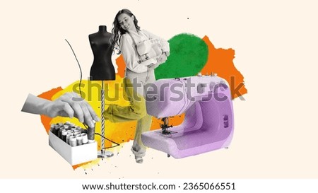 Smiling young girl, seamstress, fusion designer making clothes, working on new fashion outfits. Contemporary art collage. Concept of profession, occupation, work, creativity, job fair, hobby, ad