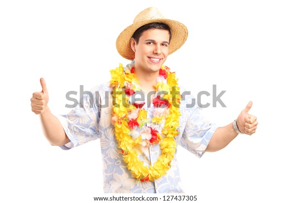 Smiling Young Guy Hawaiian Costume Giving Stock Photo 127437305 ...