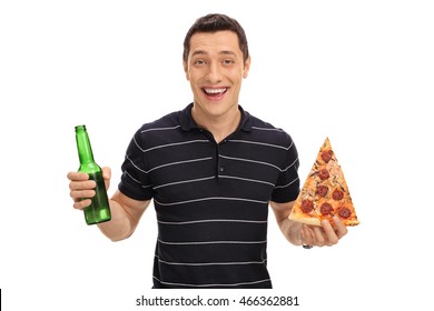 Smiling Young Guy Holding A Beer Bottle In One Hand And A Slice Of Pizza In The Other Isolated On White Background