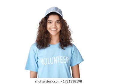 Smiling Young Hispanic Latin Girl In Volunteer Blue T-shirt Looking At Camera Stand Isolated On White Studio Background. Volunteerism, Philanthropy, Voluntary Work Concept. Closeup Headshot Portrait