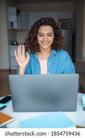 Smiling Young Hispanic Woman Making Video Call On Laptop. Happy Beautiful Latin Student Talk Video Chat By Webcam, Virtual Videoconference Meeting Dating Online Using Computer App. Quarantine Concept.