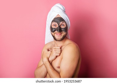 Smiling Young Man With Cosmetic Mask, Nude Hiding Behind On Pink Background.