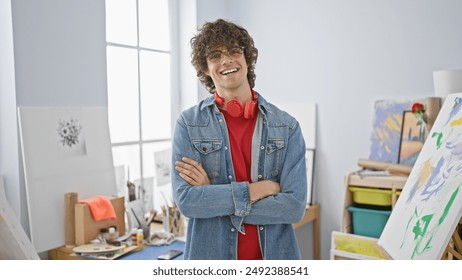 Smiling young man with curly hair and glasses, standing arms crossed in a bright art studio. - Powered by Shutterstock