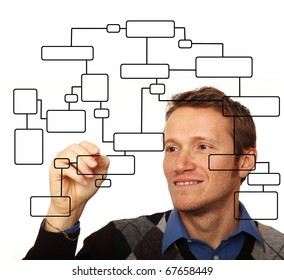Smiling Young Man Drawing Flowchart On Glass Board
