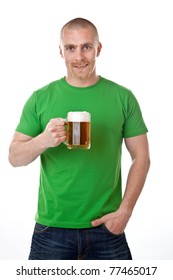 Smiling Young Man With Glass Of Frothy Beer; Isolated On White Background.