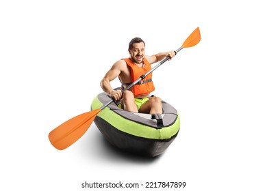 Smiling Young Man Riding A Canoe With A Life Vest Isolated On White Background