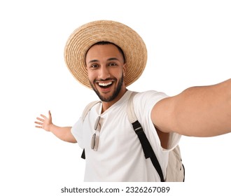 Smiling young man in straw hat taking selfie on white background - Powered by Shutterstock