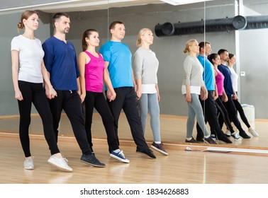 Smiling Young And Mature Men And Women Training Celtic Dances Movements In Dance Studio