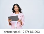 Smiling young middle eastern Israel businesswoman using tablet pc online application for work isolated on white background. Indian or arabic woman in business suit holding digital computer. Copy space