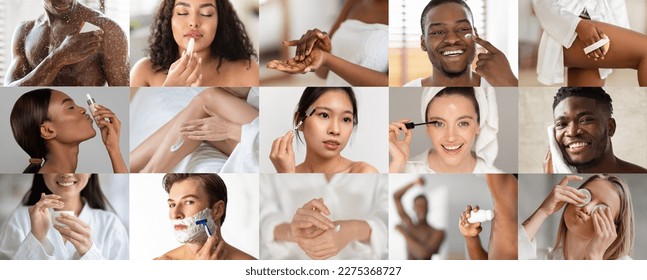 Smiling young multiethnic men and women apply cream, make up, take shower, shave, enjoy spa treatments at home, collage. Daily hygiene with moisturizing cosmetics, beauty care, massage - Powered by Shutterstock