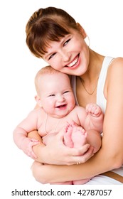 Smiling young mum and the kid isolated on a white background