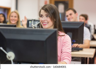 Smiling Young Students Using Computers College Stock Photo 160684001 ...