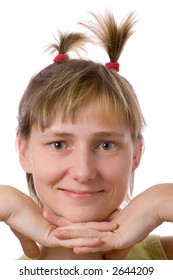 Smiling Young Woman With Crazy Horns Of Hair Isolated On White