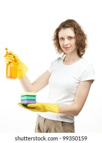 Smiling Young Woman Holding Sponge And Sprayer; Housekeeping Concept On White Background