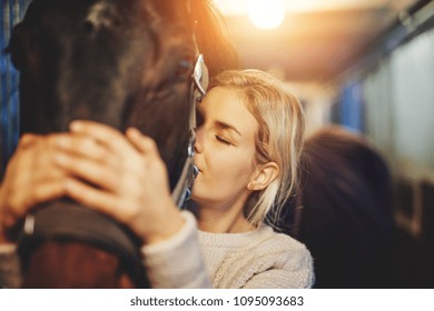 Smiling young woman standing in a stable affectionately hugging her chestnut horse before going for a ride - Powered by Shutterstock