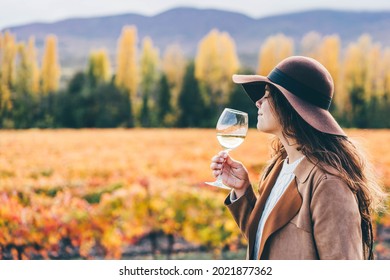 Smiling young woman in stylish hat and coat drinks delicious white wine from wineglass near colorful vineyard against forest and hills on autumn day. 