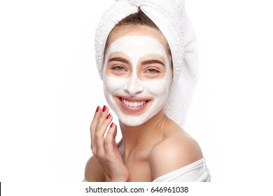 Smiling Young Woman Using The White Clay Mask And Looking At Camera.