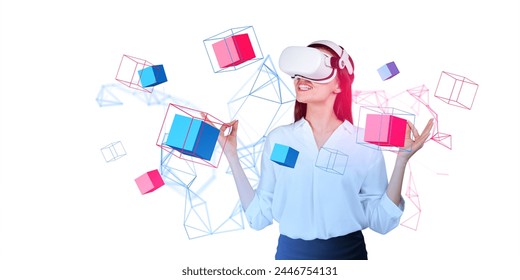 Smiling young woman in VR headset meditating using yoga and experiencing new generation technology. Wellbeing and cyberspace. Cubes and lines. White background - Powered by Shutterstock