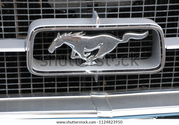 Smithfield, Virginia/USA - 6/29/2018: Old Ford\
Mustang emblem
