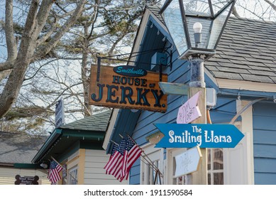 Smithville, NJ USA - February 6 2021: Small shops in Smithville on a winter day